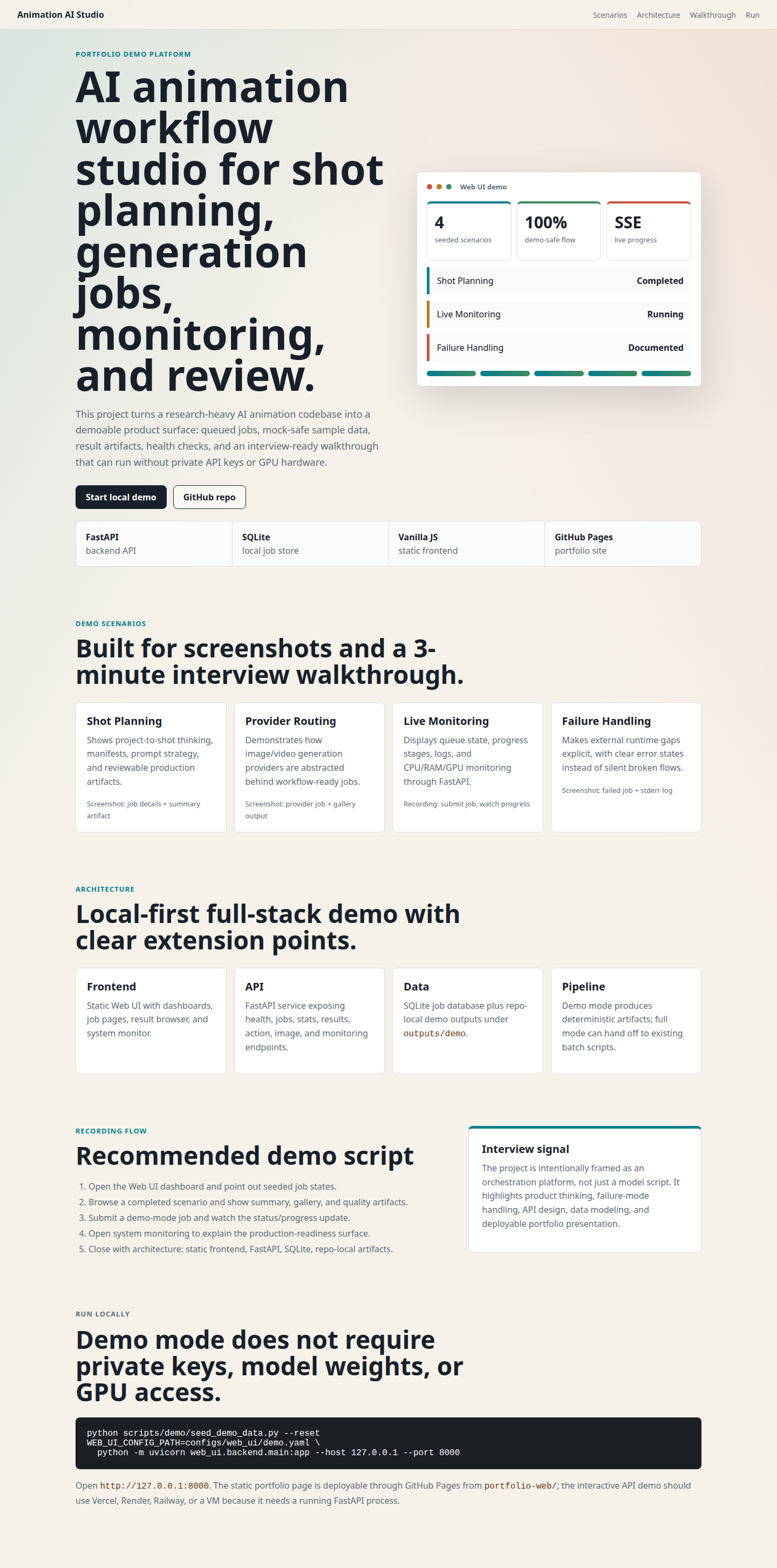 Portfolio landing page for Animation AI Studio