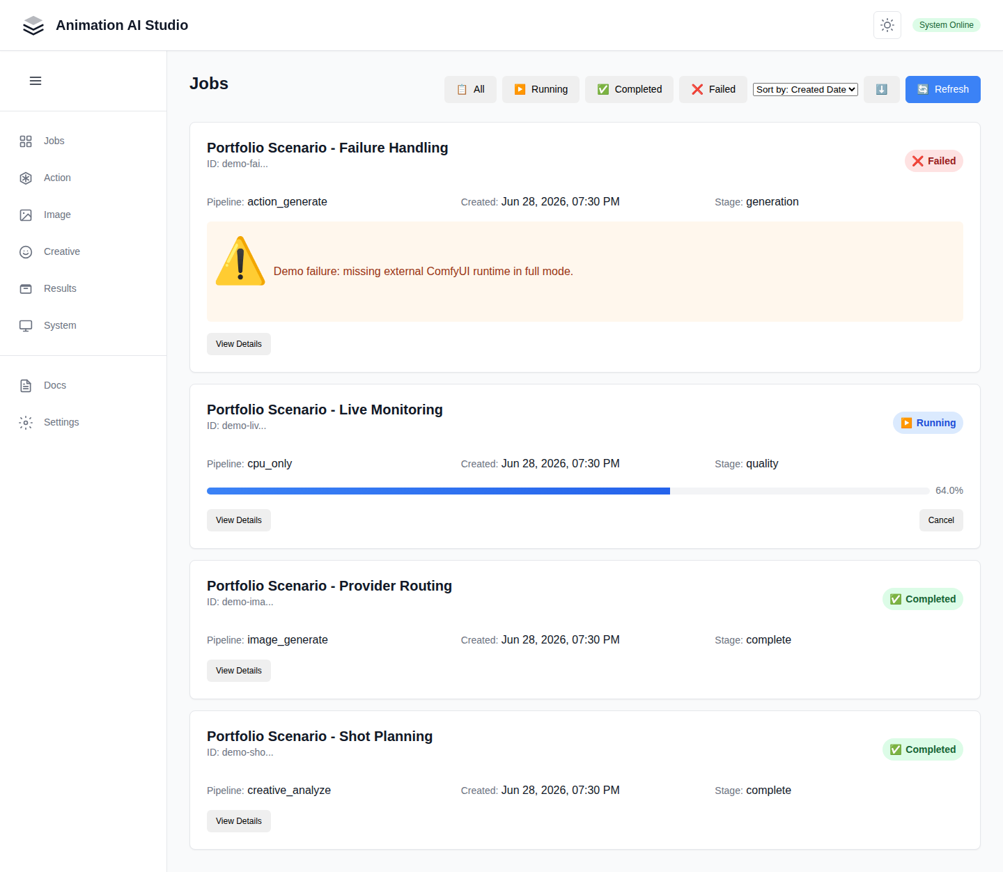 Seeded Web UI job dashboard with completed, running, and failed demo scenarios