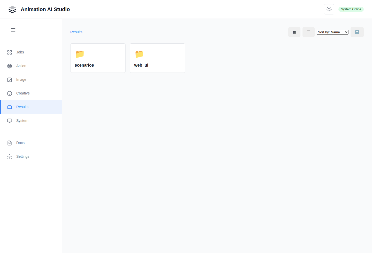 Result browser showing demo output folders
